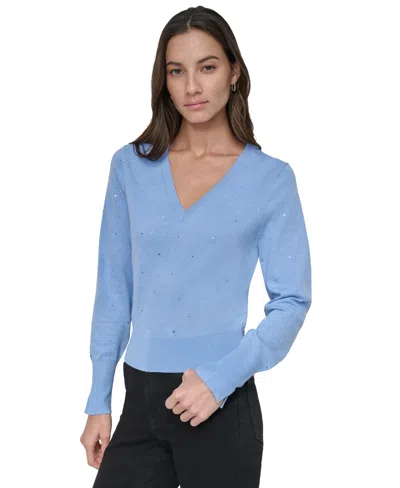 Dkny Jeans Women's Studded V-neck Sweater In J1n - Bluebell Hthr