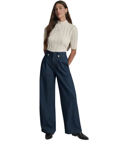 Dkny Jeans Women's Tab-waist High Rise Wide Leg Cotton Denim Pants In Blue