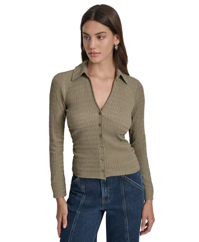 Dkny Jeans Women's Textured Collared Button-front Blouse In Green