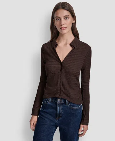 Dkny Jeans Women's Textured Collared Button-front Top In Brown