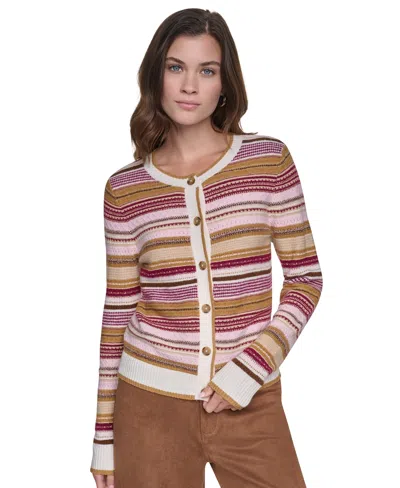 Dkny Jeans Women's Textured Variegated Stripe Crewneck Fitted Cardigan In Multi