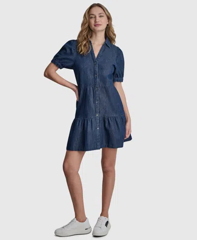 Dkny Jeans Women's Tiered Puff-sleeve Collared Denim Cotton Mini Shirt Dress In Blue