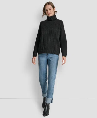 Dkny Jeans Women's Turtle Neck Bobble Stitch Long Sleeves Sweater In Black