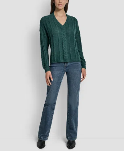 Dkny Jeans Women's V-neck Cable-knit Sweater In Green