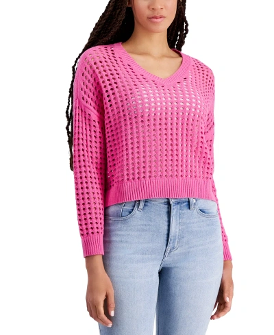 Dkny Jeans Women's V-neck Open-stitch Cotton Sweater In - Shocking Pink