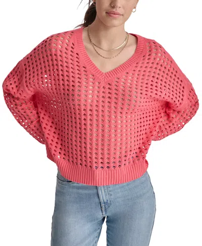 Dkny Jeans Women's V-neck Open-stitch Cotton Sweater In Pink