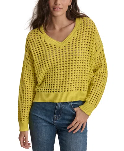 Dkny Jeans Women's V-neck Open-stitch Cotton Sweater In Fluo Yellow
