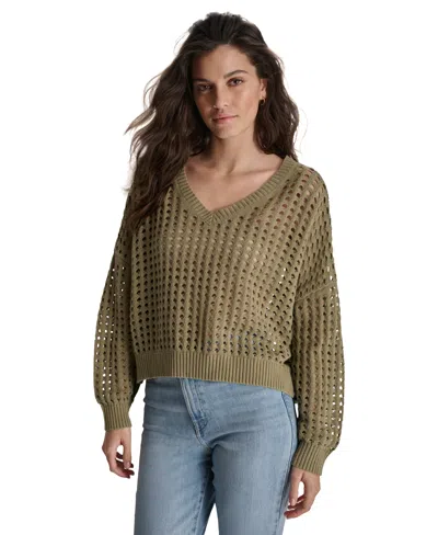 Dkny Jeans Women's V-neck Open-stitch Cotton Sweater In Light Fatigue