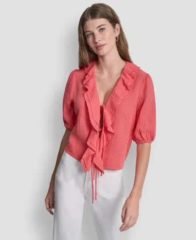 Dkny Jeans Women's V-neck Short Puff Sleeve Tie-front Shirt In Yellow