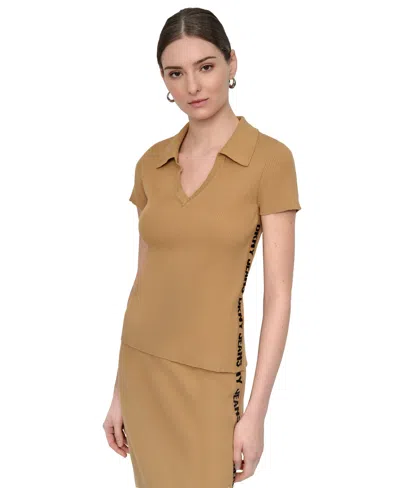 Dkny Jeans Women's V-neck Side-logo Rib-knit Short Sleeve Polo Top