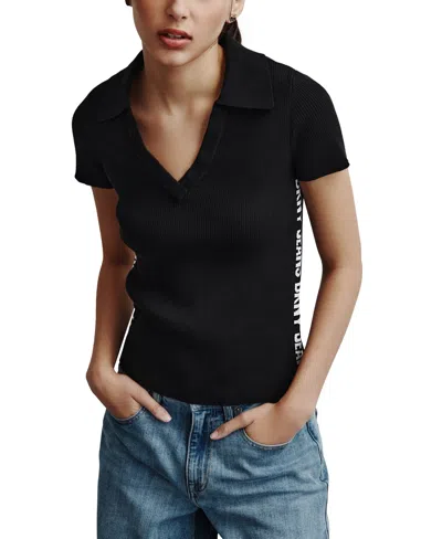 Dkny Jeans Women's V-neck Side-logo Rib-knit Short Sleeve Polo Top In Blw - Blk,wht