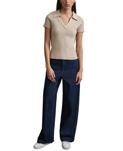 Dkny Jeans Women's V-neck Side-logo Rib-knit Short Sleeve Polo Top In G - Sndlw Hthr,blk