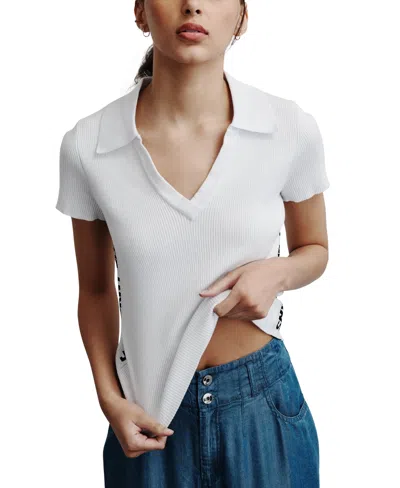 Dkny Jeans Women's V-neck Side-logo Rib-knit Short Sleeve Polo Top In Ir - Wht Blk Cmb
