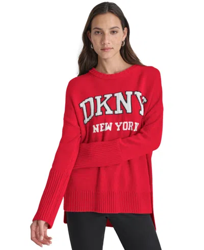 Dkny Jeans Women's Varsity Logo Crewneck Sweater In I5p - Red Lght,ivory