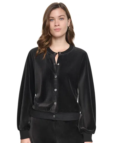 Dkny Jeans Women's Velvet Snap-front Crewneck Cardigan Sweater In Black