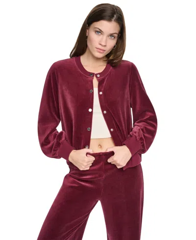 Dkny Jeans Women's Velvet Snap-front Crewneck Cardigan Sweater In Brown