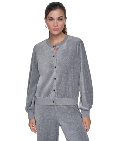 Dkny Jeans Women's Velvet Snap-front Crewneck Cardigan Sweater In Gray