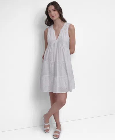 Dkny Jeans Women's V-neck Tiered Pull-on Dress In White