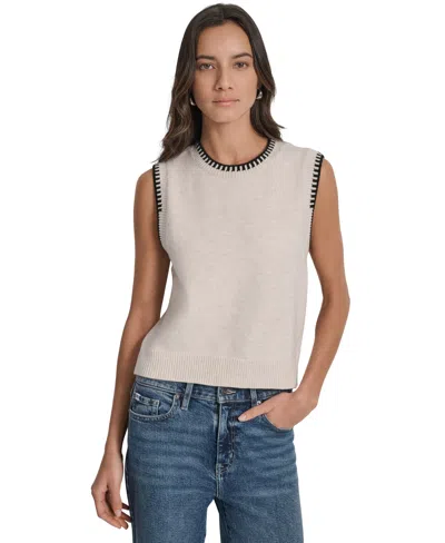Dkny Jeans Women's Whipstitch Trim Crewneck Sleeveless Sweater In White