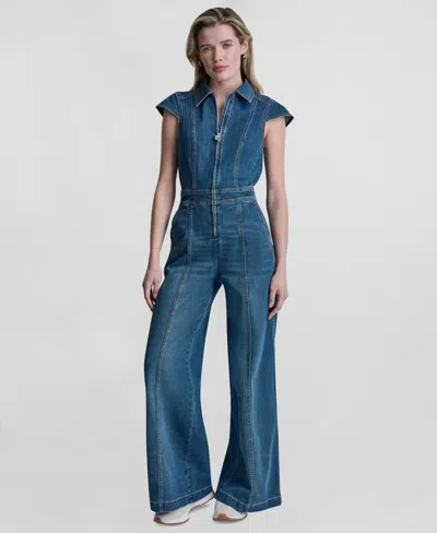 Dkny Jeans Women's Wide-leg Cap-sleeve Denim Jumpsuit In Blue