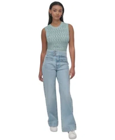 Dkny Jeans Womens Cotton Pointelle Knit Sleeveless Sweater High Rise Tab Waist Wide Leg Jeans In Kx8 - Cortlandt