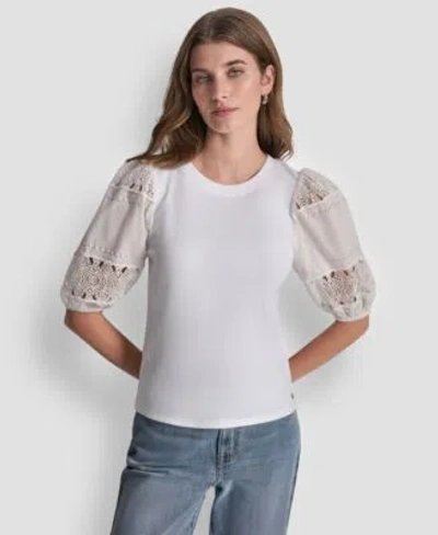 Dkny Jeans Womens Crew Neck Lace Eyelet Pull On Top In White
