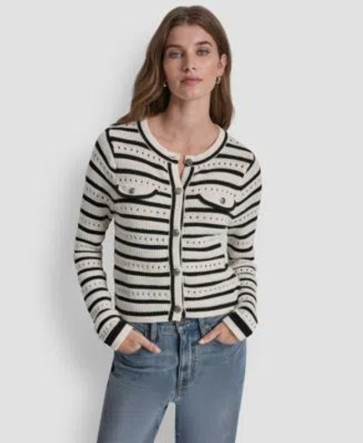 Dkny Jeans Womens Crew Neck Pointelle Sweater In Multi