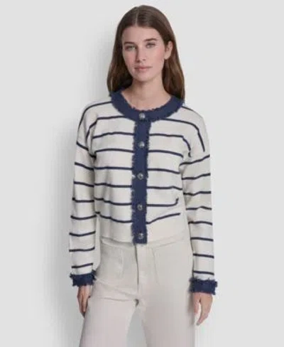 Dkny Jeans Womens Crew Neck Striped Cardigan In White