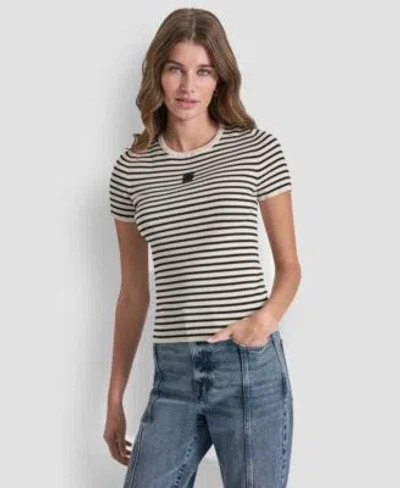 Dkny Jeans Womens Crew Neck Striped Rib Top In Black
