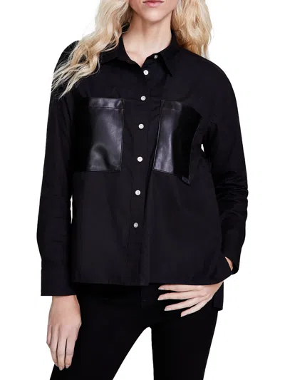 Dkny Jeans Womens Faux Leather Pocket Button Down Blouse In Black