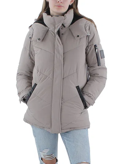 Dkny Jeans Womens Faux Leather Trim Heavy Puffer Jacket In Gray