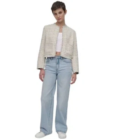 Dkny Jeans Womens Frayed Cropped Long Sleeve Jacket Ribbed Cropped Tank Top High Rise Tailored Wide Leg Jeans In Doyers (light Wash)