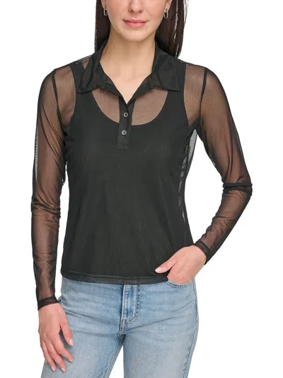 Dkny Jeans Womens Illusion Sheer Button-down Top In Black