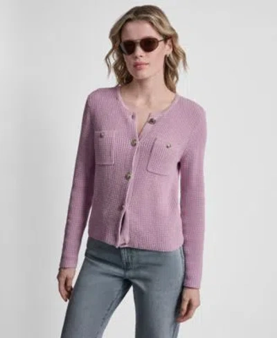 Dkny Jeans Womens Long Sleeve Tuck Stitch Crewneck Cardigan In Pink