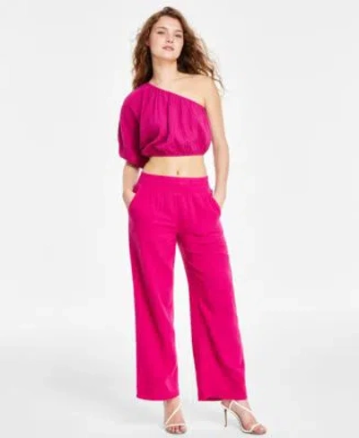 Dkny Jeans Womens One Shoulder Cropped Top High Rise Gauze Straight Leg Pants In Raspbrry Cocktail