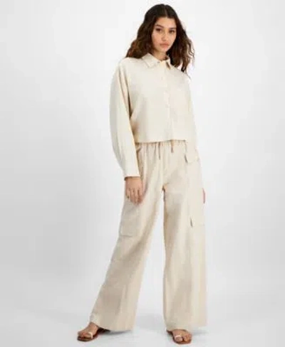 Dkny Jeans Womens Oversized Button Front Shirt High Rise Drawstring Cargo Pants In Nat - Natural