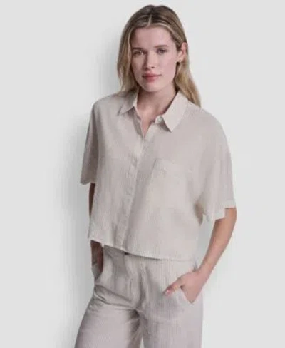Dkny Jeans Womens Oversized Linen Blend Cropped Short Sleeve Shirt In White