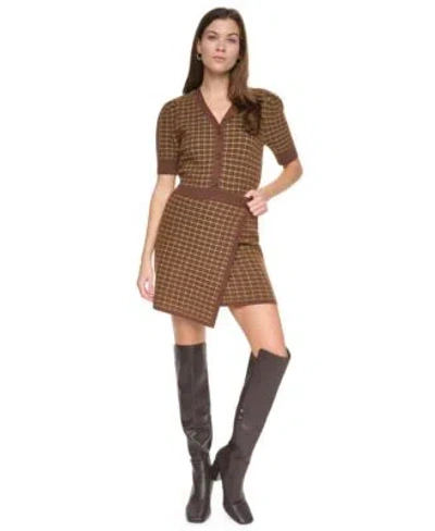 Dkny Jeans Womens Plaid Cropped Puff Short Sleeve Cardigan High Waisted A Line Plaid Mini Skirt In Brown