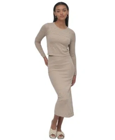 Dkny Jeans Womens Pointelle Knit Cropped Sweater Pointelle Knit Midi Skirt In Pbl - Pebble