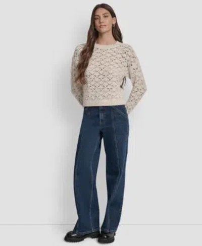 Dkny Jeans Womens Pointelle Long Sleeve Sweater Pxs Xl In Gray