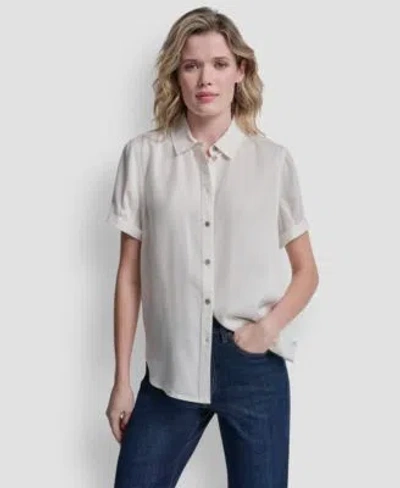 Dkny Jeans Womens Print Rolled Short Sleeve Shirt In White