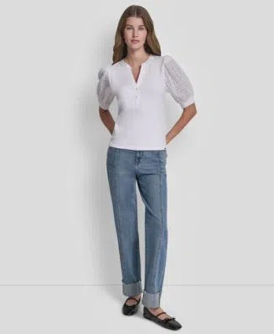 Dkny Jeans Womens Puff Sleeve Henley Top In Clover White