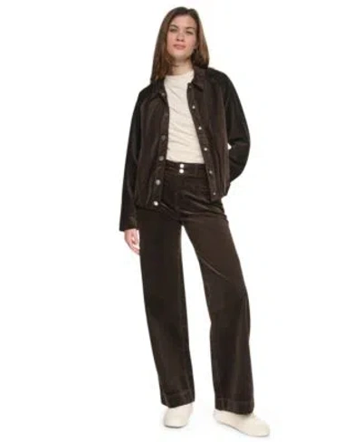 Dkny Jeans Womens Raglan Sleeve Bubble Jacket High Rise Double Button Wide Leg Cotton Blend Pants In Brown