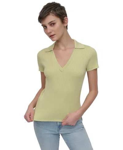 Dkny Jeans Womens Ribbed V-neck Polo Sweater In Kxs - Tea Green