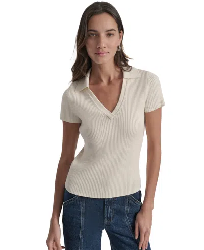 Dkny Jeans Womens Ribbed V-neck Polo Sweater In Yellow