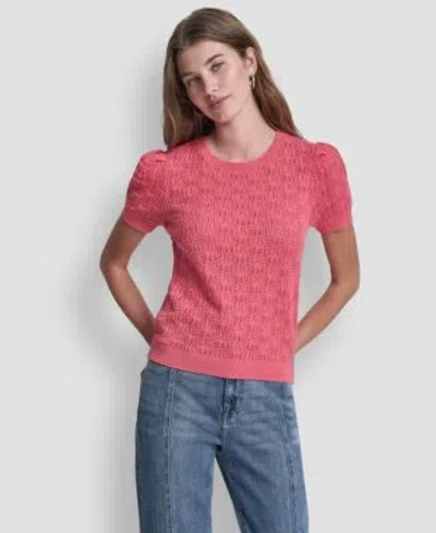 Dkny Jeans Womens Short Sleeve Crew Neck Lace Pointelle Sweater In Eggnog