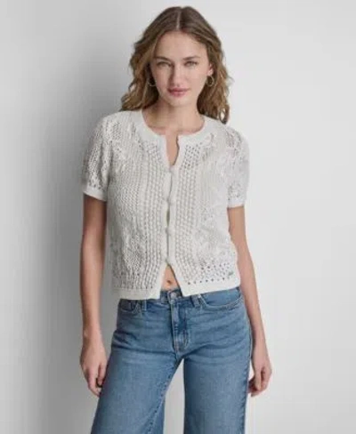 Dkny Jeans Womens Short Sleeve Crewneck Cardigan In Gray