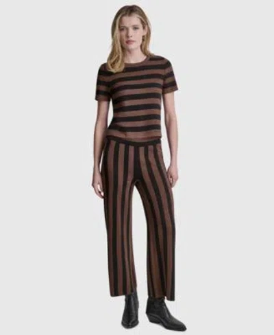 Dkny Jeans Womens Short Sleeve Crewneck Striped Sweater Pull On Striped Ankle Length Pants In Brown