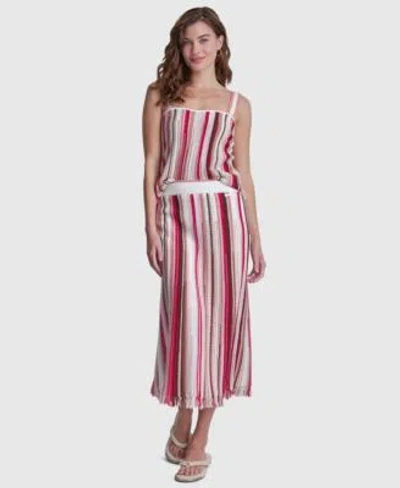 Dkny Jeans Womens Striped Pointelle Stitch Bandeau Knit Cotton Tank Top Striped Midi Skirt In Multi