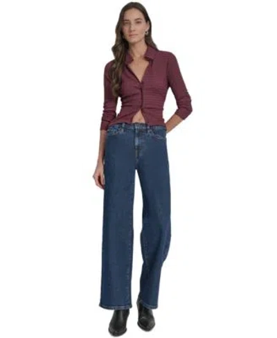 Dkny Jeans Womens Textured Collared Button Front Blouse High Rise Modern Wide Leg Jeans In Blue